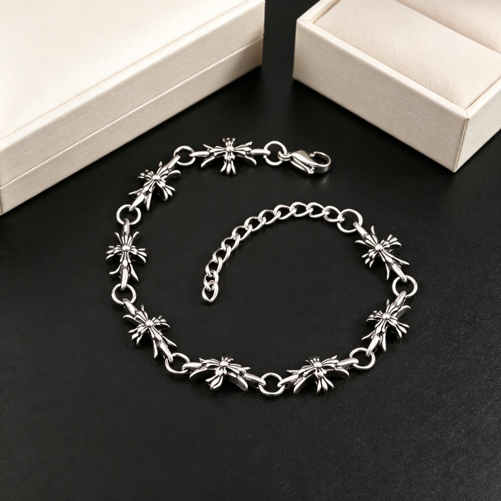 Cross & Floral Cross Bracelet – Vintage Silver CH Chain, Double