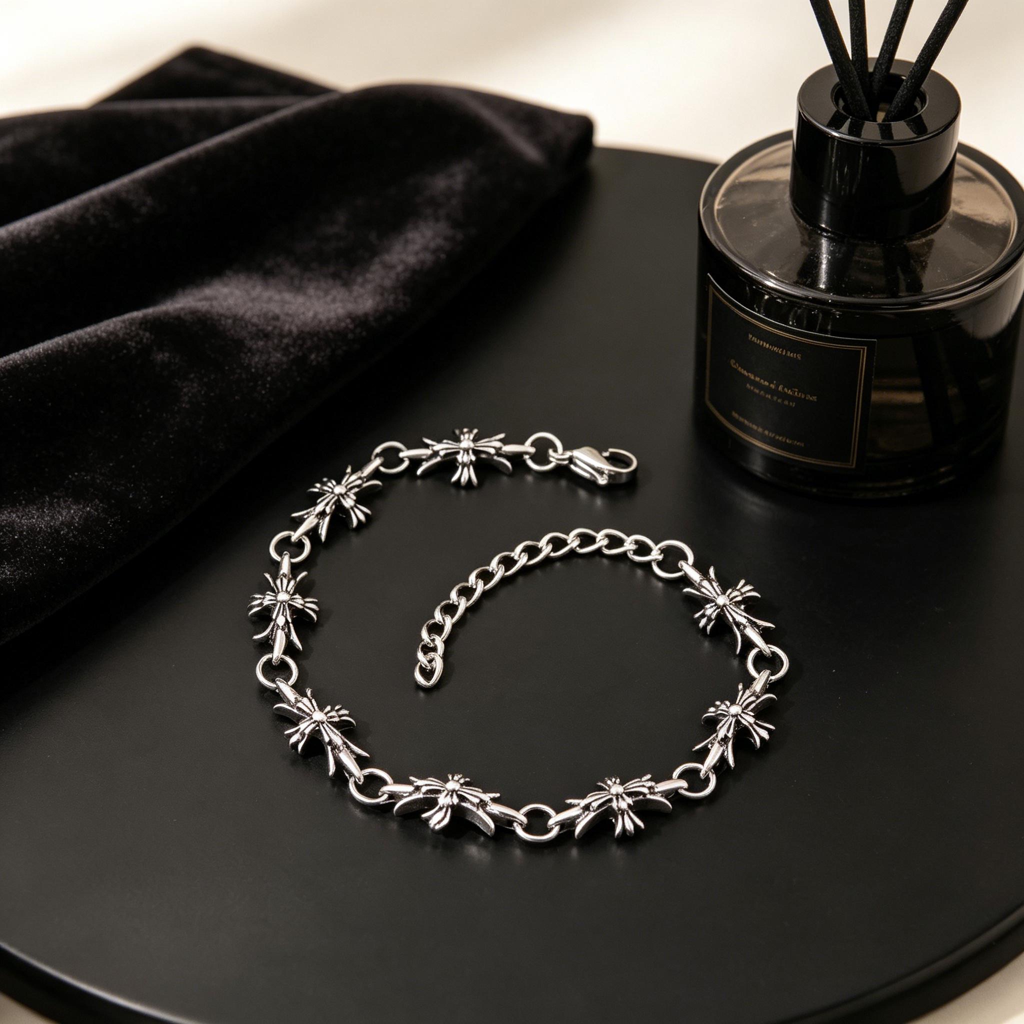 Cross & Floral Cross Bracelet – Vintage Silver CH Chain, Double