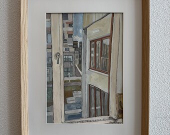 Cuadro original enmarcado con vista a la ciudad para decoración de pared.