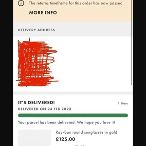 May include: A screenshot of an order confirmation for Ray-Ban round sunglasses in gold. The order details include the date, delivery information, and the item's color and quantity. The sunglasses are displayed in a small image.