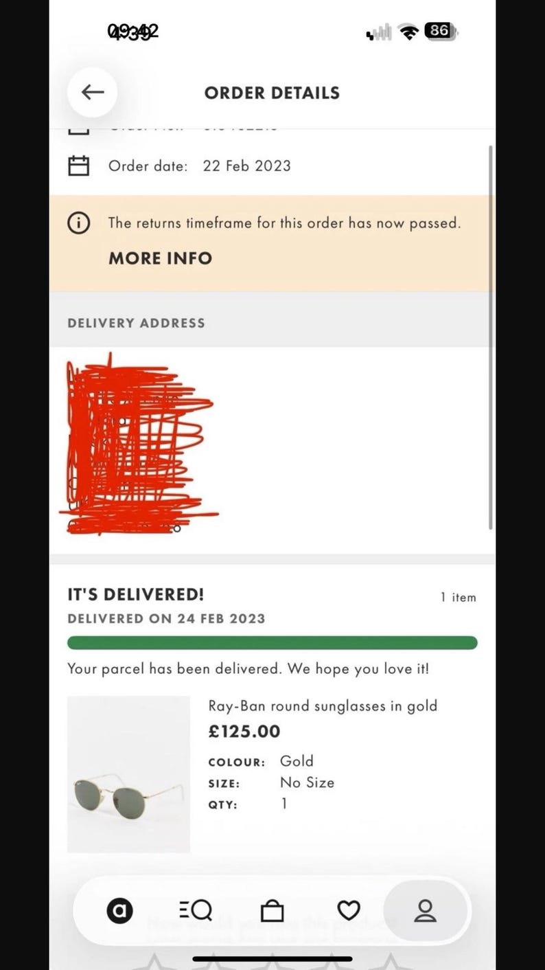 May include: A screenshot of an order confirmation for Ray-Ban round sunglasses in gold. The order details include the date, delivery information, and the item's color and quantity. The sunglasses are displayed in a small image.