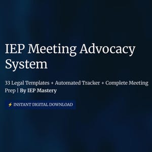Peut inclure: Graphique numérique avec le texte "IEP Meeting Advocacy System" et des détails sur les modèles juridiques et la préparation aux réunions. Un emblème en forme de bouclier avec un arbre doré au-dessus d'un livre ouvert est à droite. Le texte "Instant Digital Download" est également présent.