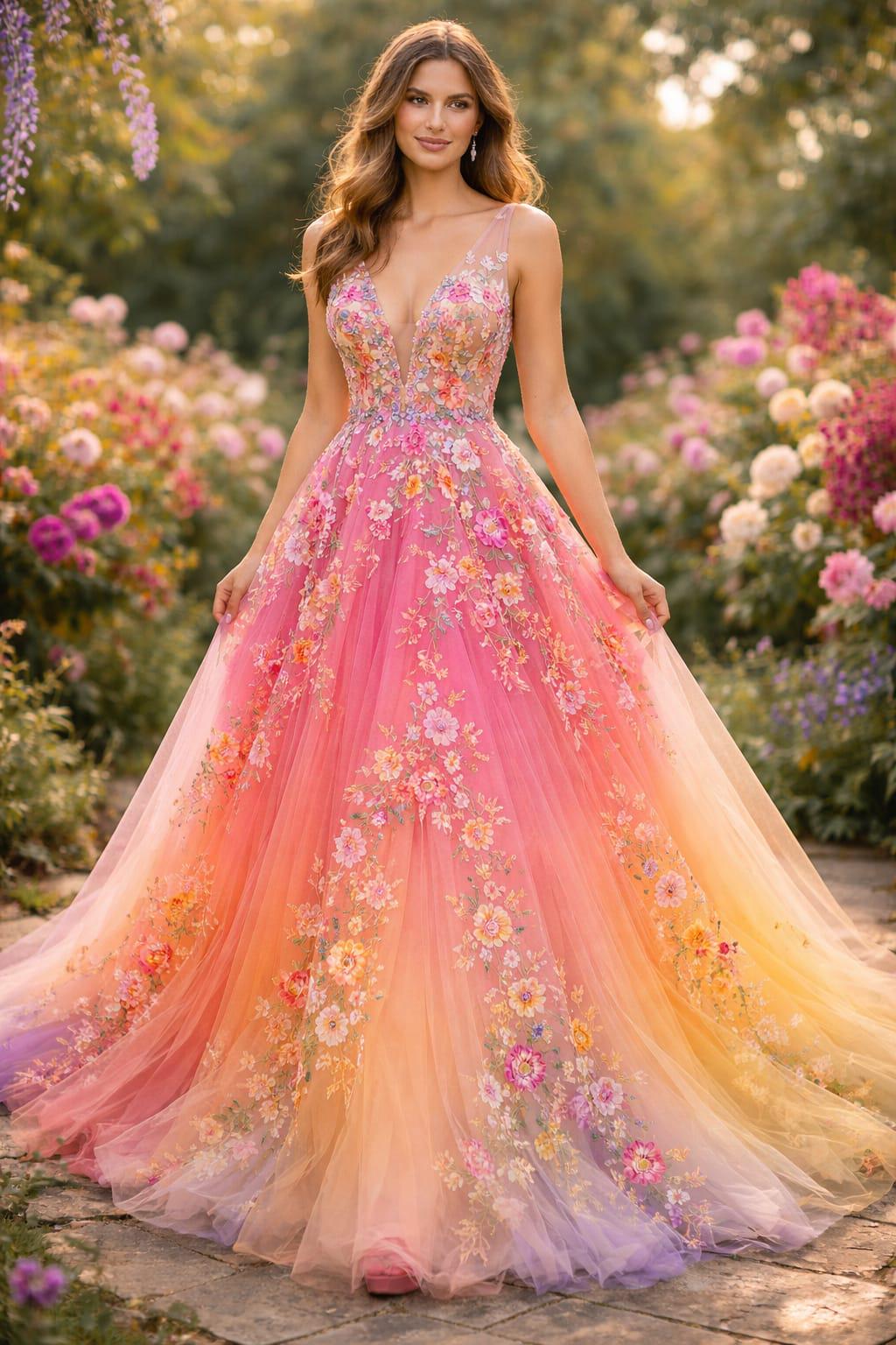 Floral Ombre Tulle Ball Gown