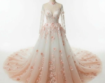 Ombre Blumen Brautkleid | Pfirsich Elfenbein Tüll Brautkleid Kathedrale Schleppe