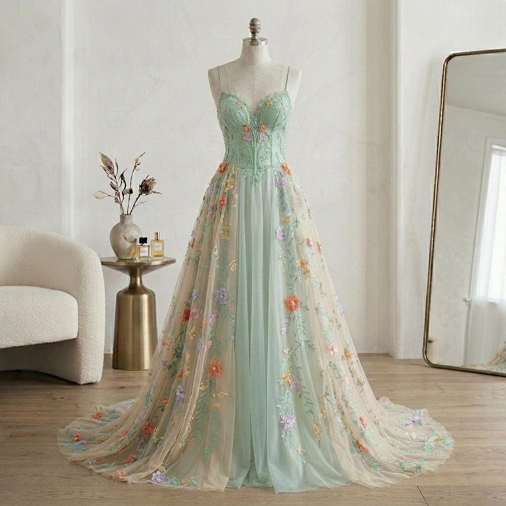 Sage Green Floral Embroidered Tulle Wedding Dress