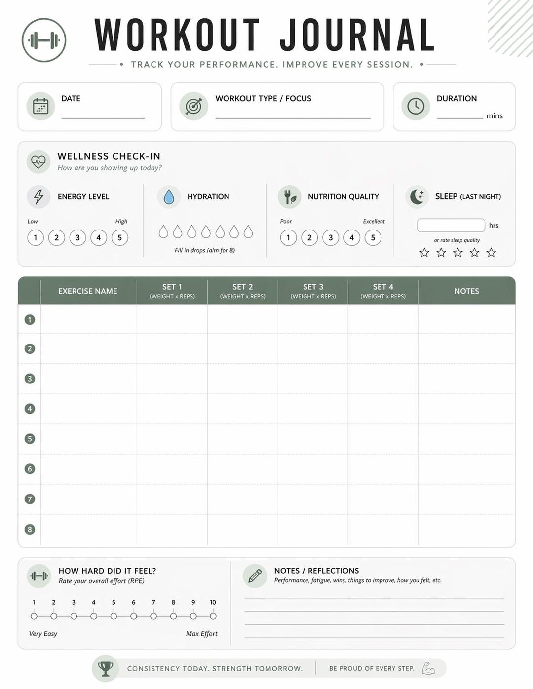 Workout Journal PDF | Gym Log Template | Fitness Tracker Printable | Strength Training Log ...