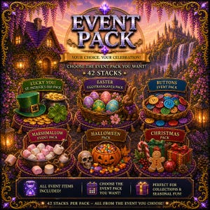 May include: A digital graphic titled EVENT PACK featuring six themed displays: St. Patrick's Day with a green hat and gold coins, Easter with eggs and a rabbit, a basket of colorful buttons, marshmallows, a Halloween pumpkin with a skull, and Christmas gifts.