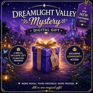 May include: An advertisement for a Dreamlight Valley Mystery digital gift. The image shows a purple gift box with a gold bow, set against a fantasy landscape. Text includes "Digital Gift," "Exclusive Community Access," and "For New Customers Only!"