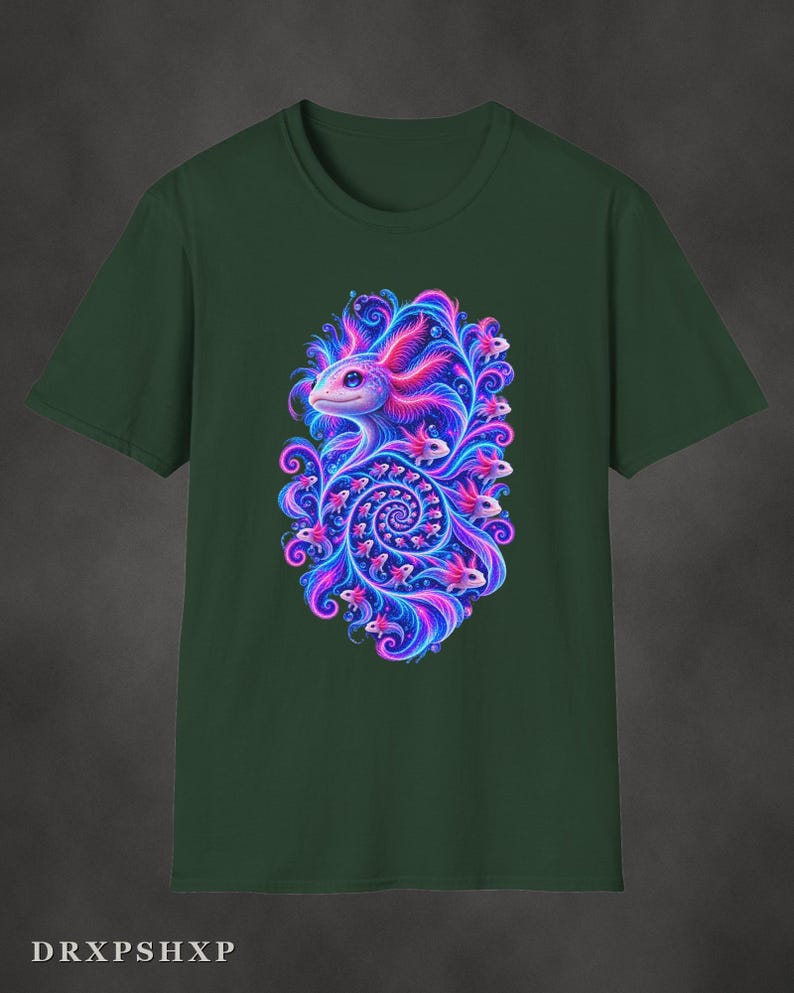 Axolotl Fractal Art Shirt | Psychedelic Axolotl Tee | Spiral Nature Art | Gift for Axolotl Lovers Forest Green