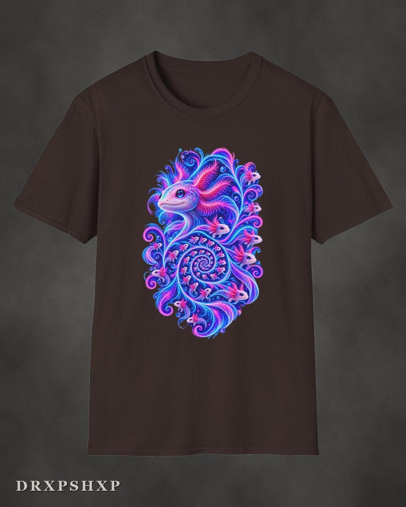 Axolotl Fractal Art Shirt | Psychedelic Axolotl Tee | Spiral Nature Art | Gift for Axolotl Lovers Dark Chocolate