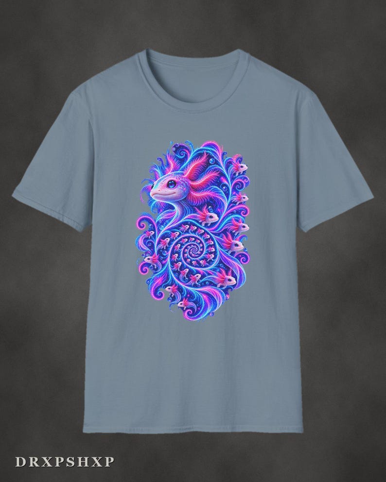 Axolotl Fractal Art Shirt | Psychedelic Axolotl Tee | Spiral Nature Art | Gift for Axolotl Lovers Stone Blue