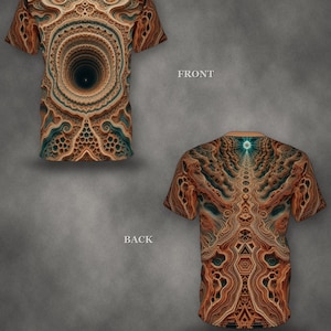 Könnte beinhalten: Ein kurzärmeliges T-Shirt mit einem komplexen, geschichteten Fraktalmuster in Braun-, Beige- und Petroltönen. Die Vorderseite zeigt ein kreisförmiges, tunnelartiges Design, während die Rückseite ein vertikales, symmetrisches Muster aufweist. Der Text DRXPSHXP ist sichtbar.