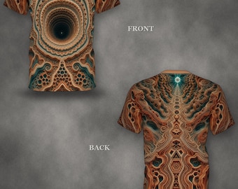 T-Shirt mit psychedelischem Alien-Topografie-Portal | Oversized-T-Shirt mit psychedelischem Allover-Print | Rave-Festival-Shirt | Blacklight EDM-Kleidung