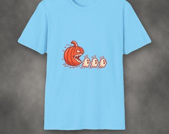 T-Shirt mit Pixel-Kürbis und Geistern | Lustiges Halloween-T-Shirt | Retro-Arcade-Geschenk | Gruseliges Saison-Shirt