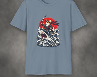 Samurai-Corgis reiten auf einem Hai – T-Shirt | Lustiges Corgi-Geschenk | Japanisches Holzschnitt-T-Shirt | Geschenk für Hundeliebhaber