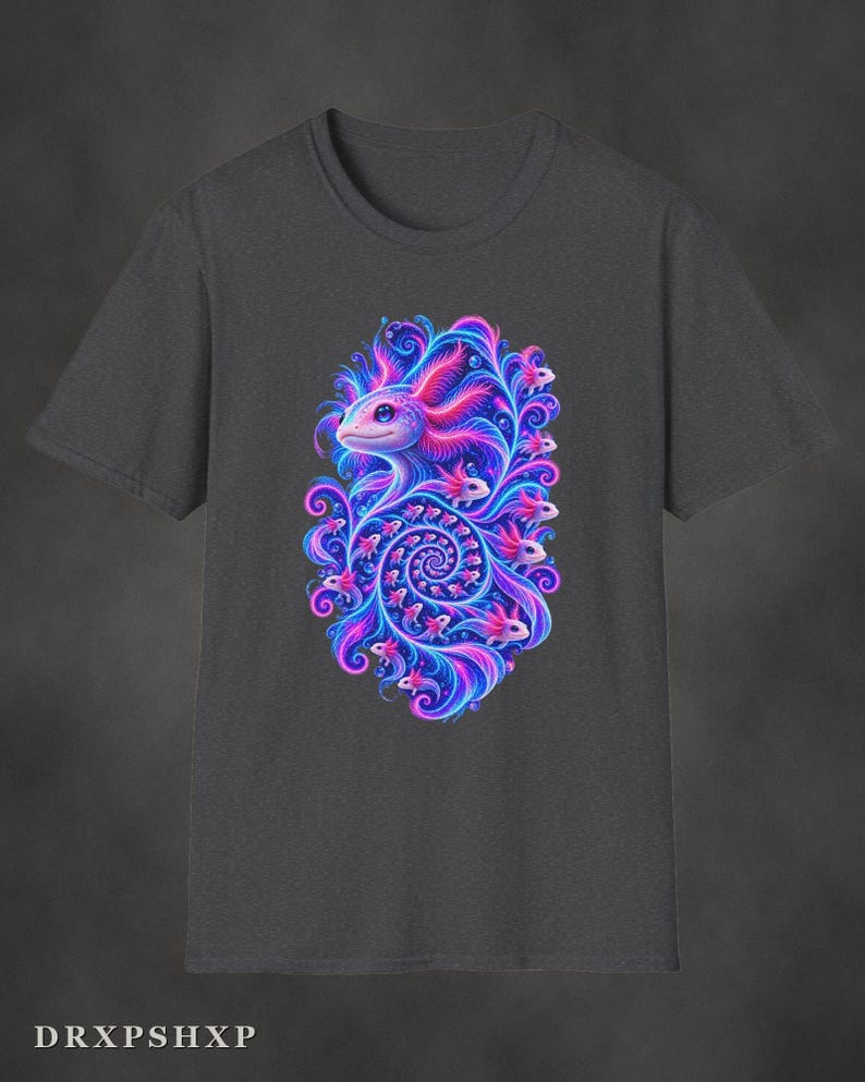 Axolotl Fractal Art Shirt | Psychedelic Axolotl Tee | Spiral Nature Art | Gift for Axolotl Lovers Dark Heather