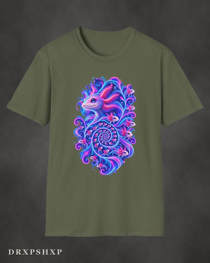 Axolotl Fractal Art Shirt | Psychedelic Axolotl Tee | Spiral Nature Art | Gift for Axolotl Lovers Military Green