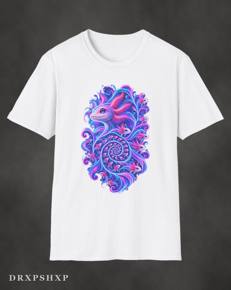 Axolotl Fractal Art Shirt | Psychedelic Axolotl Tee | Spiral Nature Art | Gift for Axolotl Lovers White