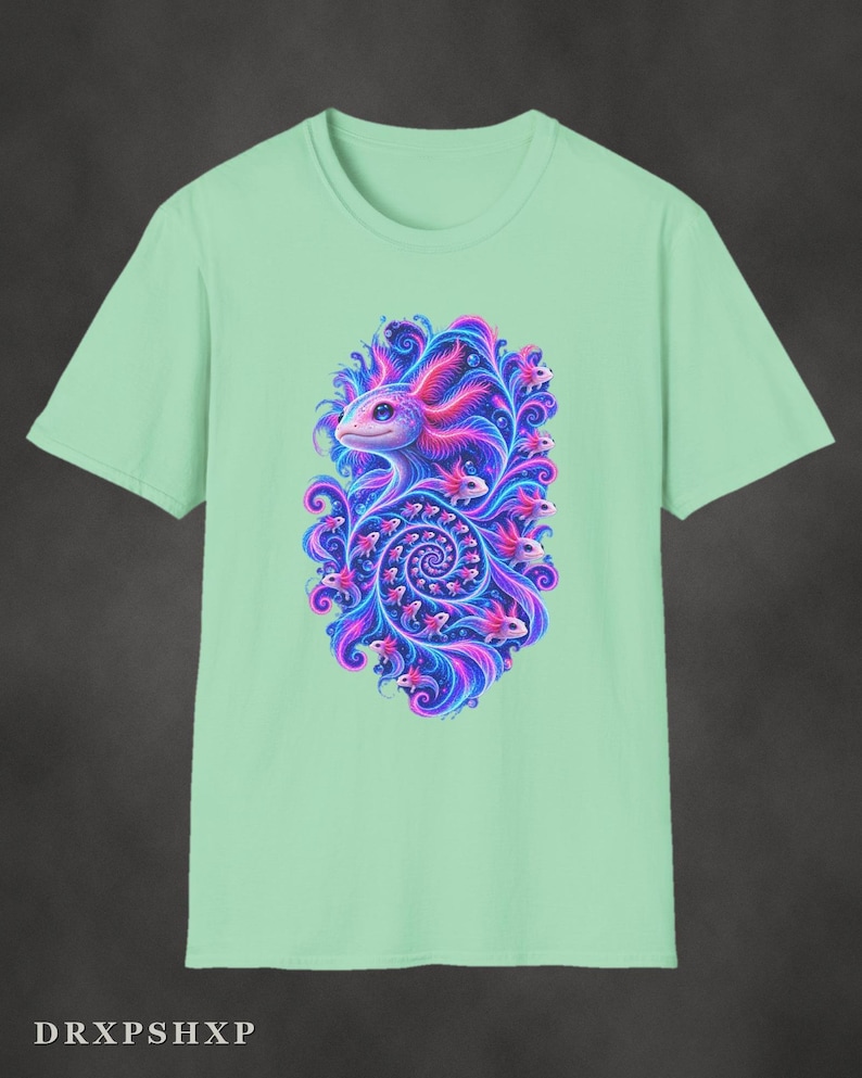 Axolotl Fractal Art Shirt | Psychedelic Axolotl Tee | Spiral Nature Art | Gift for Axolotl Lovers Mint Green