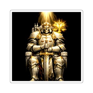 May include: A sticker depicting a skeletal figure in gold armour, seated on a throne. The figure wears a crown and holds a sword, with scales of justice above. The background is black, with a golden light shining down.