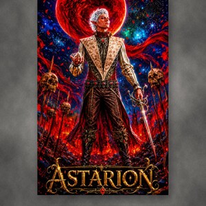 May include: A vertical poster featuring a pale, white-haired figure with pointed ears standing in a dark, fiery landscape. The figure wears a patterned vest and dark trousers, holding a sword. A large red moon and skulls on pikes appear behind, with the text ASTARION at the bottom.