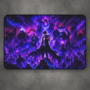 May include: A rectangular desk mat featuring a dark fantasy illustration of a central figure in a long coat surrounded by a glowing purple army of shadowy warriors and horned entities. The text DRXPSHXP is printed in white in the bottom left corner.