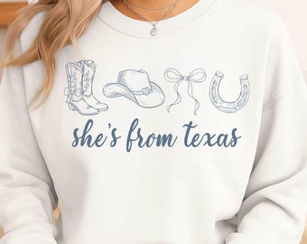 Ella es de Texas Svg Png, Diseño de lazo de coqueta occidental, Vaquera costera, Bota de vaquero con lazo y herradura, Chica texana de estilo vintage Png, Archivo de corte