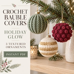 May include: Three crochet bauble covers with text reading CROCHET BAUBLE COVERS HOLIDAY GLOW 3 TEXTURED ORNAMENTS INSTANT PDF. The ornaments include a sage green ribbed sphere, a deep red bobble sphere, and a cream and gold striped sphere.