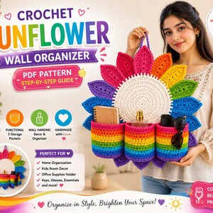 May include: A crochet sunflower wall organizer featuring a large white circular center surrounded by rainbow-colored petals. Three cylindrical storage pockets in a rainbow stripe pattern are attached to the front, holding a notebook, perfume, and sunglasses.
