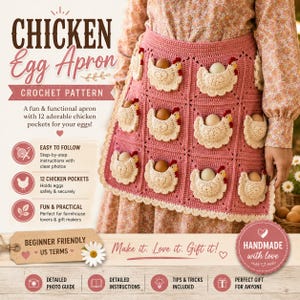 May include: A pink crochet apron featuring twelve cream-colored chicken-shaped pockets, each holding a single egg. The apron has a scalloped border and is displayed with text overlays including Chicken Egg Apron Crochet Pattern and Beginner Friendly.