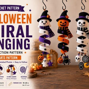 May include: A crochet pattern for Halloween spiral hanging decorations featuring three characters: a ghost, a pumpkin, and a skeleton, each wearing a hat and scarf. The pattern includes text, step-by-step instructions, and 10 mini charms.