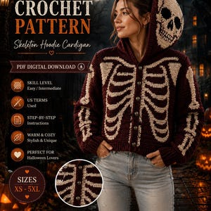 Peut inclure: Un modèle au crochet pour un gilet à capuche squelette, présentant une base bordeaux foncé avec des motifs de cage thoracique et de crâne couleur crème. Le téléchargement numérique inclut des instructions pour les tailles XS-5XL, niveau facile.