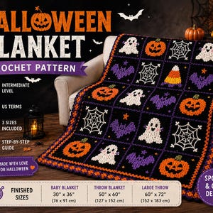 Puede incluir: Un patrón de ganchillo para una manta de Halloween con una cuadrícula de cuadrados con calabazas naranjas, fantasmas blancos, murciélagos morados, telarañas blancas y dulces sobre un fondo negro.