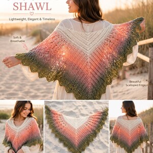 May include: A triangular crochet shawl featuring a gradient color pattern that transitions from cream at the top center to coral pink and olive green at the scalloped edges. The shawl has an intricate openwork stitch design throughout the fabric.