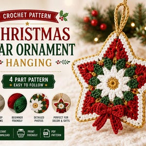 Può includere: Uno schema all'uncinetto per un ornamento a stella di Natale con il testo CROCHET PATTERN CHRISTMAS STAR ORNAMENT HANGING. L'immagine mostra un ornamento a forma di stella realizzato con filato rosso, verde, bianco e oro, con un fiocco rosso.
