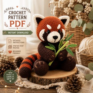 May include: A crochet pattern PDF for a stuffed red panda toy. The red panda is made of rust-orange, dark brown, and cream yarn, holding a green crocheted bamboo stalk. Text on the image includes CROCHET PATTERN PDF, INSTANT DOWNLOAD, and BEGINNER FRIENDLY.