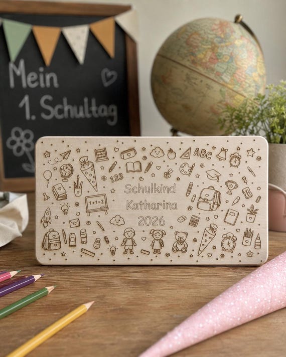 Deko-Holzbrettchen "Schulkind 2026" aus hochwertigem Buchenholz