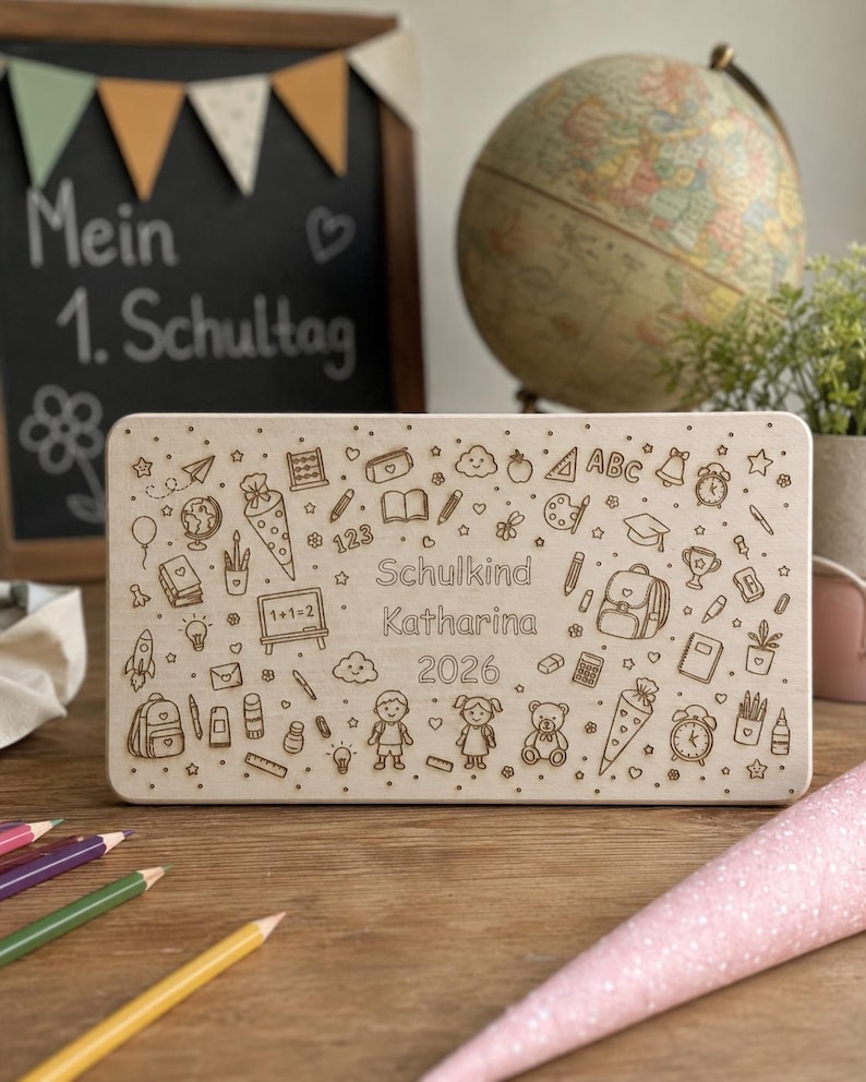 May include: A wooden plaque engraved with school-related icons, such as a backpack, pencils, and a globe. The plaque is personalised with the name "Katharina" and the year "2026". A chalkboard with text and a globe are in the background.