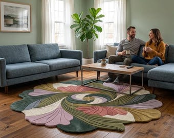 May include: A living room scene featuring two blue sofas, a wooden coffee table, and a colorful floral rug. A couple is seated on one of the sofas, holding mugs. The rug has a unique, swirling design with pink, green, and cream colors.