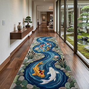 Alfombra tejida a mano con diseño de estanque de peces koi, alfombra de lujo con diseño de jardín acuático, alfombra artística de mezcla de lana premium para sala de estar, pasillo o dormitorio.