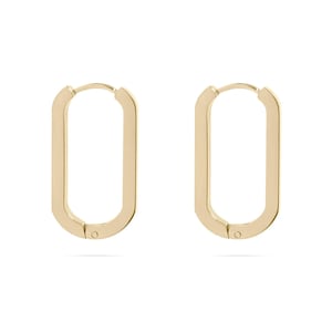 May include: A pair of gold-toned hoop earrings featuring an elongated, rectangular shape with rounded corners. Each earring has a smooth, polished finish and a hinged closure mechanism at the bottom, creating a clean and uniform appearance.