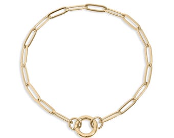 18K Gold Paperclip Bracelet, 925 Silver Charm Holder Chain, Recycled Carabiner Clasp Jewelry