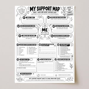 May include: A black and white printable worksheet titled My Support Map, featuring twelve numbered sections for personal reflection. The layout includes prompts for identifying support networks, coping strategies, and communication tools in a clean, graphic design.