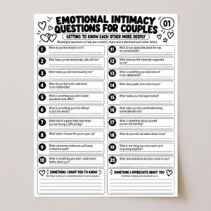 Op de afbeelding: Een zwart-wit printbaar blad met de titel Emotional Intimacy Questions for Couples 01. Het bevat twintig genummerde vragen voor relatieverdieping, met lege regels om antwoorden in te vullen en twee secties onderaan voor notities.