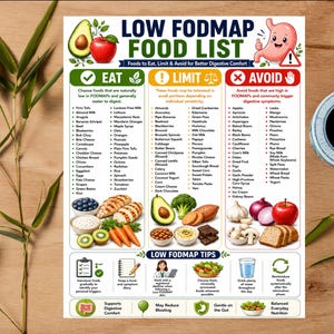 Low FODMAP Food List Printable, Eat Limit Avoid Chart, IBS Diet Grocery List PDF, Bloating Relief Foods