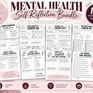 May include: A mental health self-reflection bundle featuring over ten printable worksheets with black text on white backgrounds. Titles include Overthinking Reflection, Teen Anxiety Check-In, Before You Crash Out, My Emotional Check-In, What I Wish I Could Control, What I'm Holding Inside, Things I'm Feeling But Not Saying, and My Hopes and Dreams.