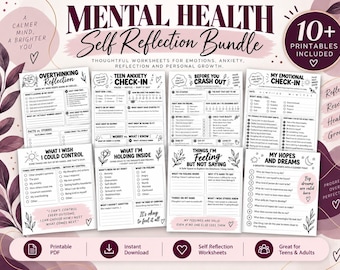 Mental Health Self Reflection Worksheet Bundle | Anxiety  Emotional Wellness Printables | Therapy Worksheets for Adults  Teens PDF