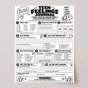 May include: A black and white printable Teen Feelings Journal page featuring ten numbered sections with prompts, checkboxes, and writing lines. The layout includes headers like Today I Feel, What Happened, and What Is My Body Telling Me, with icons of headphones, hearts, and stars.