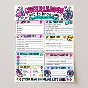 May include: A cheerleading-themed get-to-know-you activity sheet featuring pink, blue, and yellow accents. The page includes sections titled About Me, My Cheer Life, My Favourites, Team Time, My Goals This Season, Fun Facts, This or That, and My Cheer Motto, decorated with illustrations of megaphones, pom-poms, trophies, and sneakers.