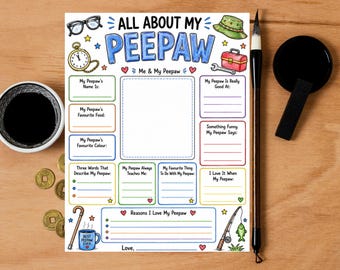 Kwestionariusz do druku „Wszystko o moim Peepaw” | Natychmiastowe pobranie pliku PDF | Kwestionariusz na Dzień Ojca | Prezent od wnuków w formacie PDF